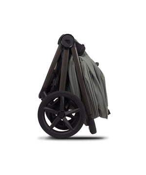Venicci Upline 3 travel system foldable stroller with matte olive green fabric canopy and black metal frame with five-spoke wheels