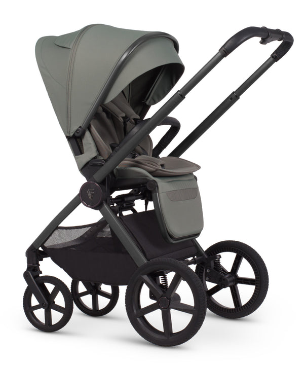 Venicci Upline 3 charcoal gray stroller with sleek black frame canopy adjustable handlebar and storage basket front view