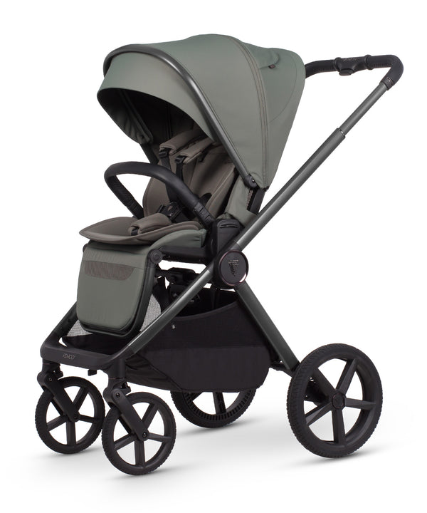 Modern charcoal-gray venicci upline 3 stroller with sleek black frame canopy and storage basket in aloe 4 in 1 travel system