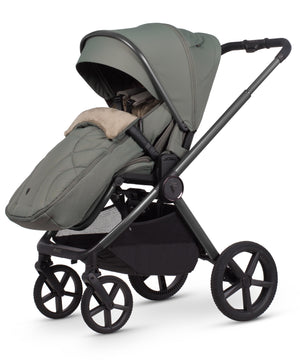 Olive green quilted venicci upline 3 travel system stroller with black metal frame and wheels in aloe color