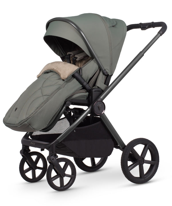 Olive green quilted venicci upline 3 travel system stroller with black metal frame and wheels in aloe color