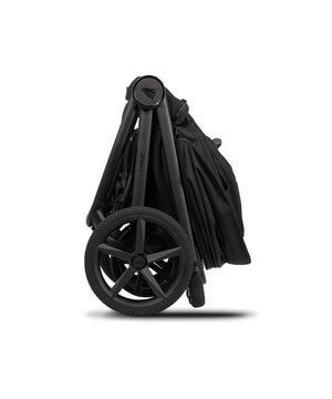 Venicci upline 3 travel system in onyx black foldable stroller with black metal frame and spoked wheels