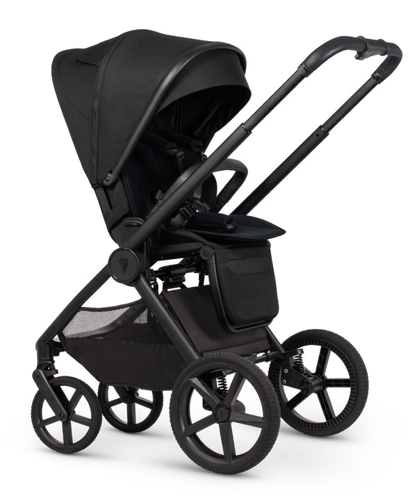 Black venicci upline 3 onyx 2 in 1 pushchair with sleek modern design and matte finished metal frame shown from the back