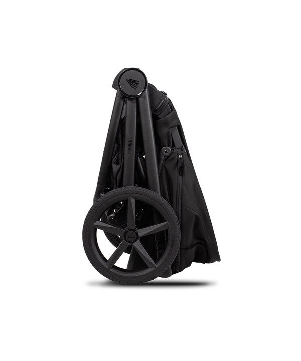 Black venicci upline 3 travel system stroller with sleek modern design and single large wheel in onyx