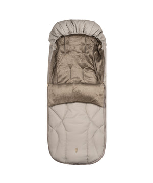 Beige quilted baby sleep sack with plush textured lining and padded hood in venicci upline 3 travel system pebble bundle