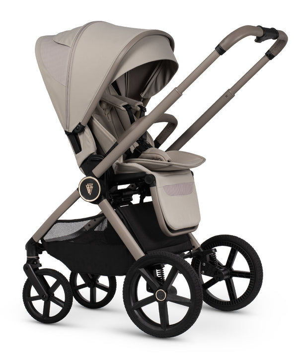 Venicci upline 3 pebble 2 in 1 pushchair in beige and black with fabric canopy padded seat and sturdy wheels