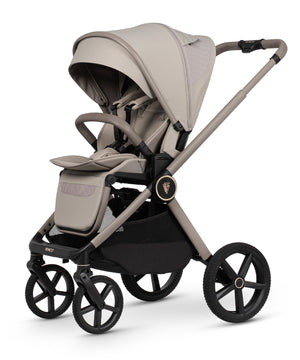 Venicci Upline 3 travel system stroller in pebble beige and black with sleek frame fabric canopy and stylish wheels