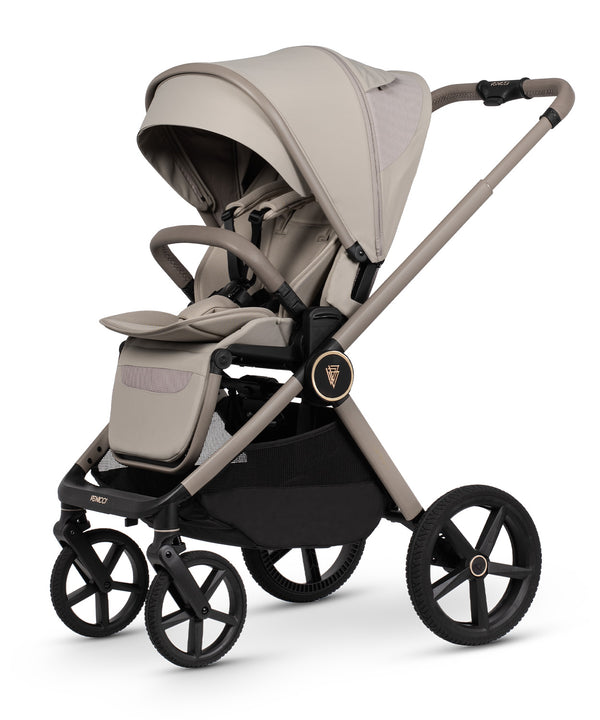 Venicci Upline 3 travel system stroller in pebble beige and black with sleek frame fabric canopy and stylish wheels