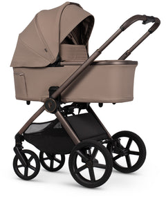 Venicci Upline 3 travel system stroller in sand with beige and black colors, sleek curved canopy, and metal frame