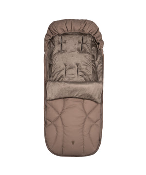 A plush taupe-colored baby sleeping bag with quilted exterior and velvet lining from venicci upline 3 travel system sand