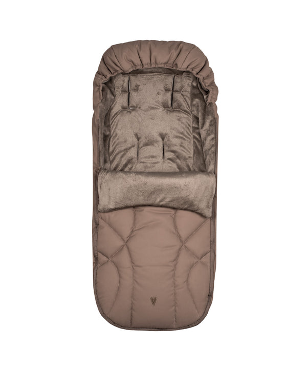 A plush taupe-colored baby sleeping bag with quilted exterior and soft velvet lining from venicci upline 3 travel system
