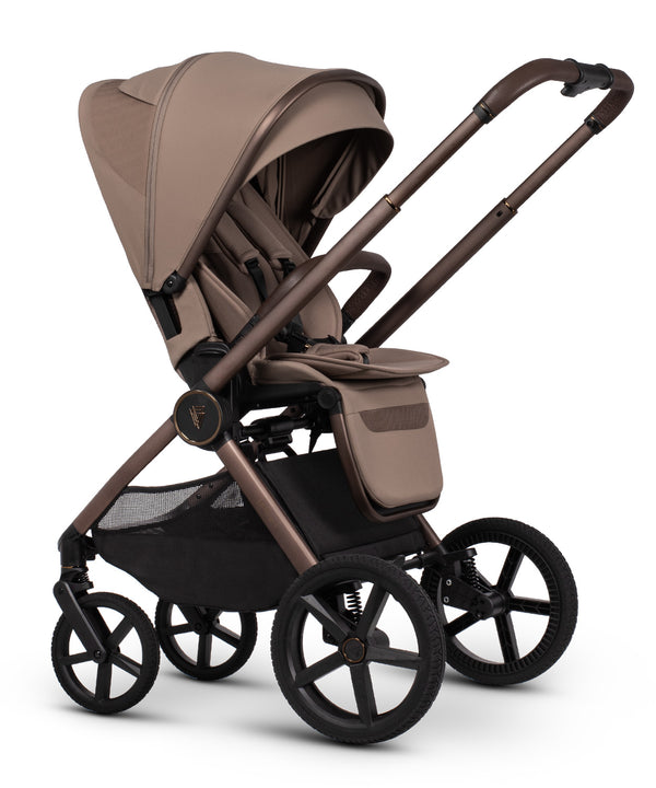 Beige and bronze venicci upline 3 stroller with black wheels and mesh basket in sand 4 in 1 travel system bundle