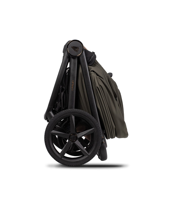 Black and olive green foldable venicci upline 3 travel system stroller with sleek modern design in truffle color