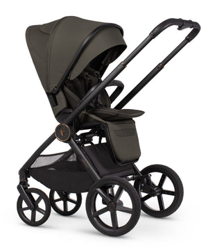 Venicci upline 3 travel system in truffle featuring a black and olive green stroller with canopy and stylish spoked wheels