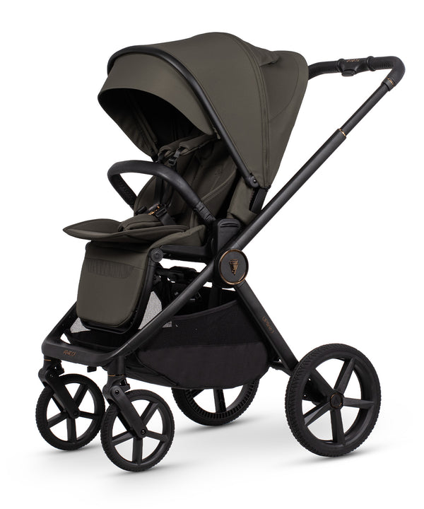 Black venicci upline 3 stroller with olive green canopy and fabric seat in truffle 4 in 1 travel system bundle