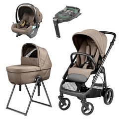 Beige and black peg perego veloce lite travel system with convertible stroller bassinet and car seat in pine bark