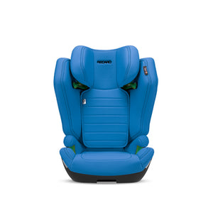 Recaro AXION 1 in Calm Blue, front view with padded side wings and green belt guides.