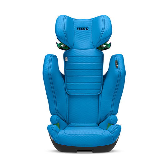 Recaro AXION 1 in Calm Blue, front view with the headrest raised above the side wings.