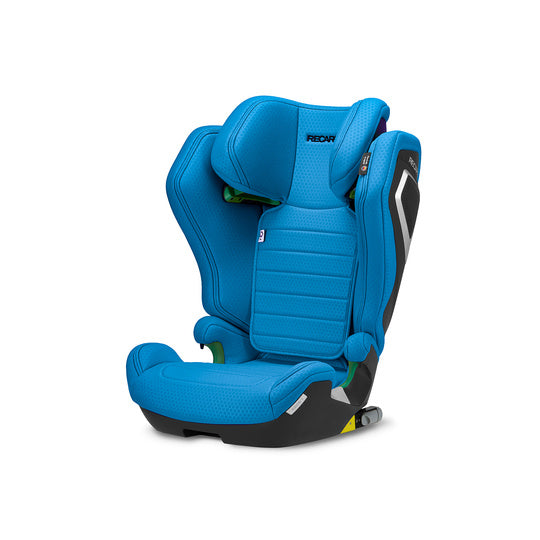Recaro AXION 1 in Calm Blue, angled front view showing padded headrest and ribbed backrest