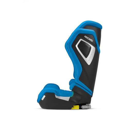 Recaro AXION 1 in Calm Blue, side view with ISOFIX connectors retracted beneath the base.