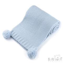 Baby Blue Ribbed Baby Blanket with Pom Poms soft touch