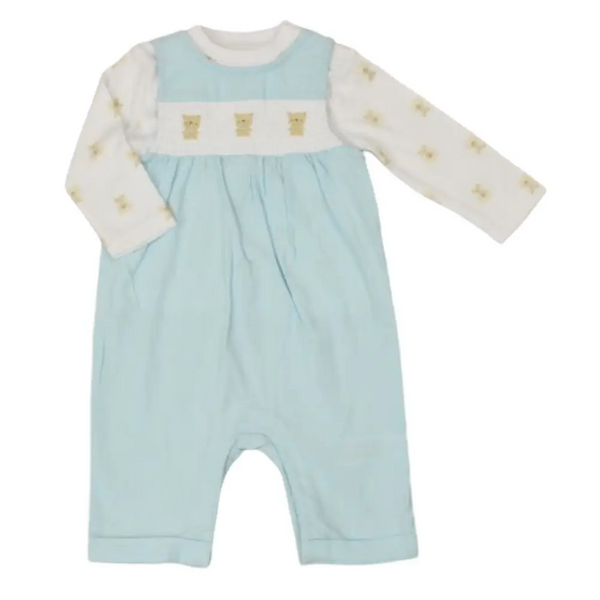 Baby Boys Blue and White Smocked Bear Romper Watch Me Grow