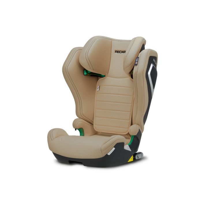 Recaro AXION 1 in Elegant Beige, angled front view showing padded headrest and ribbed backrest.