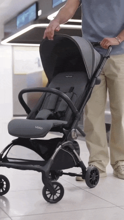 Peg Perego Volo cabin stroller blue shine in black and gray with adjustable canopy and sturdy wheels includes travel bag
