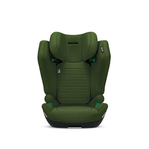 Recaro AXION 1 in Epic Green, front view with padded side wings and green belt guides.