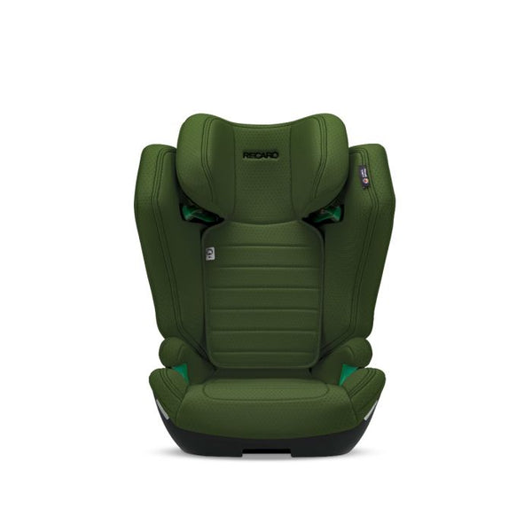 Recaro AXION 1 in Epic Green, front view with padded side wings and green belt guides.