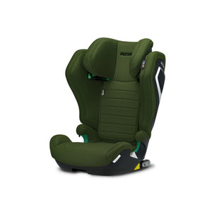 Recaro AXION 1 in Epic Green, angled front view showing padded headrest and ribbed backrest.