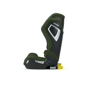 Recaro AXION 1 in Epic Green, side view with yellow ISOFIX connectors extended behind the base.