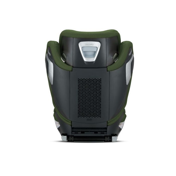 Recaro AXION 1 in Epic Green, rear view showing the black shell and central ventilation panel.