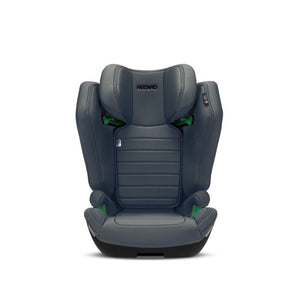 Recaro AXION 1 in Gallant Grey, front view with padded side wings and green belt guides.