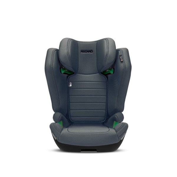 Recaro AXION 1 in Gallant Grey, front view with padded side wings and green belt guides.