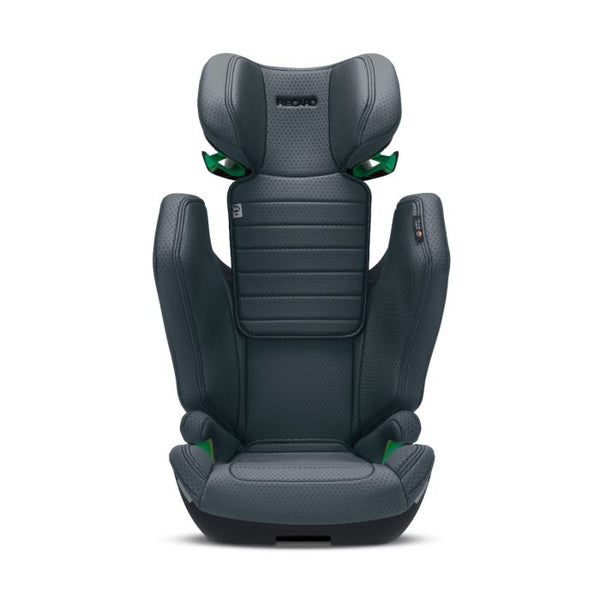 Recaro AXION 1 in Gallant Grey, front view with the headrest raised above the side wings.