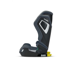 Recaro AXION 1 in Gallant Grey, side view with yellow ISOFIX connectors extended behind the base.