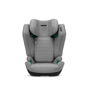 Recaro AXION 1 in Happy Grey, front view with padded side wings and green belt guides.