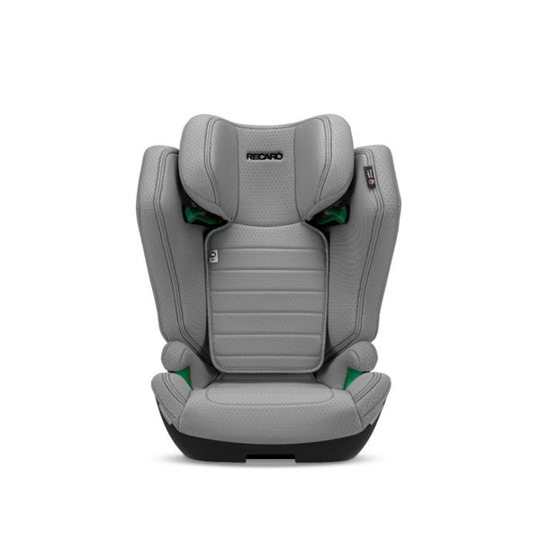 Recaro AXION 1 in Happy Grey, front view with padded side wings and green belt guides.