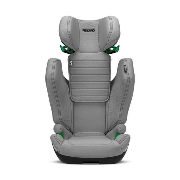 Recaro AXION 1 in Happy Grey, front view with the headrest raised above the side wings.
