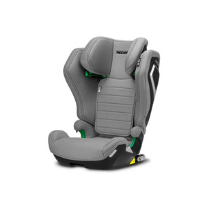 Recaro AXION 1 in Happy Grey, angled front view showing padded headrest and ribbed backrest.