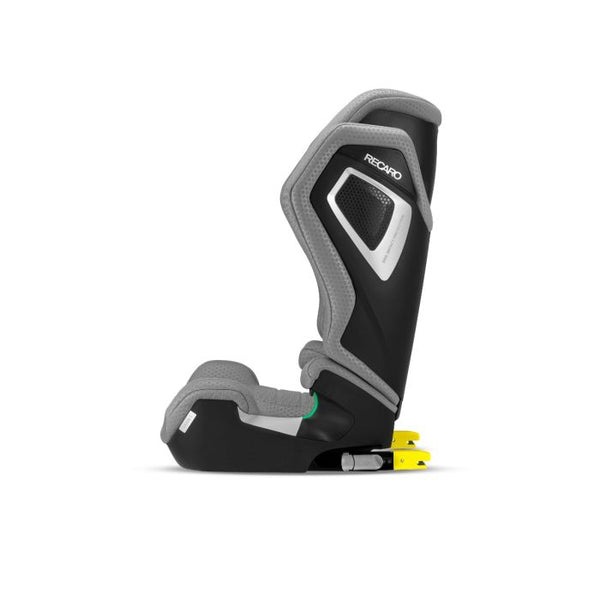 Recaro AXION 1 in Happy Grey, side view with yellow ISOFIX connectors extended behind the base