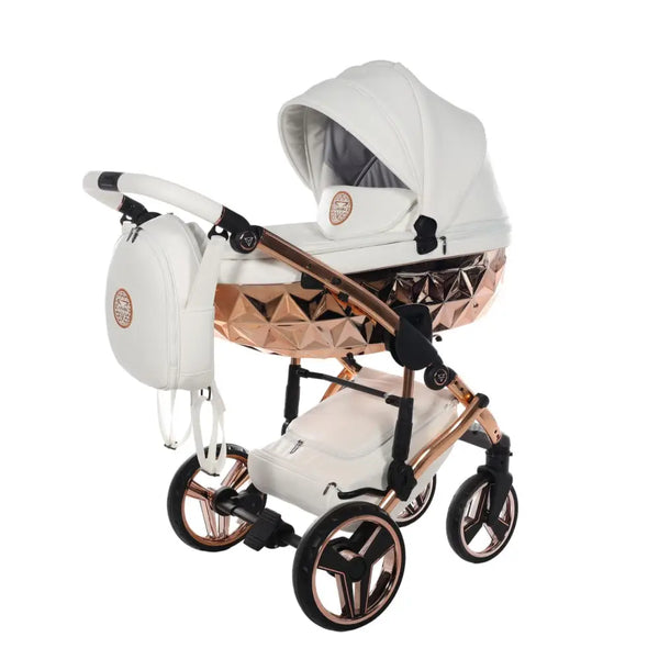 Junama Handcraft Diamond Pram – 2 in 1 Luxury White & Rose Gold Travel System Junama