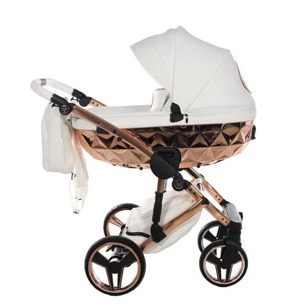 Junama Handcraft Diamond Pram – 2 in 1 Luxury White & Rose Gold Travel System Junama