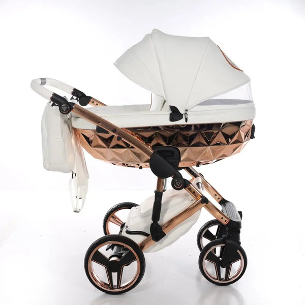 Junama Handcraft Diamond Pram – 2 in 1 Luxury White & Rose Gold Travel System Junama
