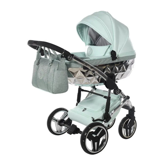 Junama Handcraft Diamond Pram With Isofix – 4 in 1 Luxury Glitter Mint Travel System Junama