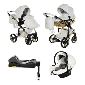 Junama Handcraft Diamond Pram With Isofix – 4 in 1 Luxury White & Gold Travel System Junama