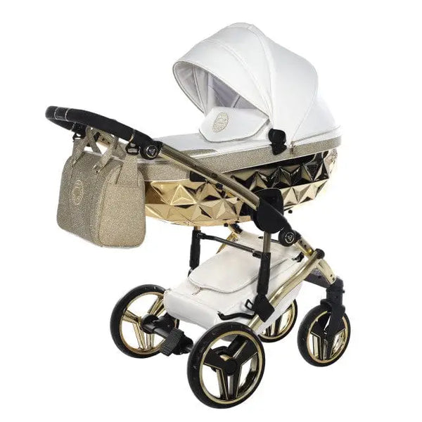 Junama Handcraft Diamond Pram With Isofix Base – 4 in 1 Luxury Glitter Gold Travel System Junama