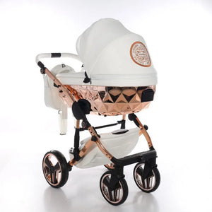 Junama Handcraft Diamond Pram With Isofix Base – 4 in 1 Luxury White & Rose Gold Travel System Junama