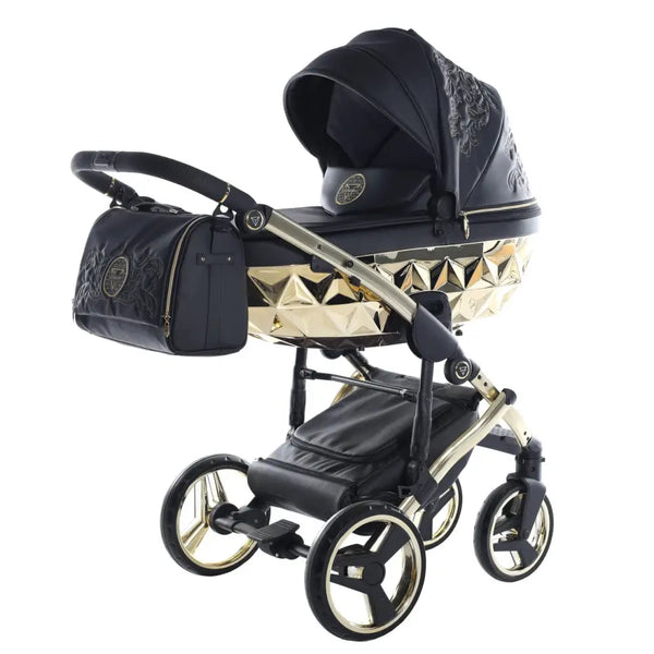 Junama Handcraft Enzo Black & Gold Pram With Isofix – 4 in 1 Luxury Travel System Junama